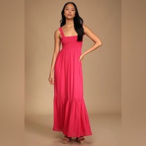 LULUS Wish Come True Pink Smocked Tie-Back Maxi Sundress -‎ XS